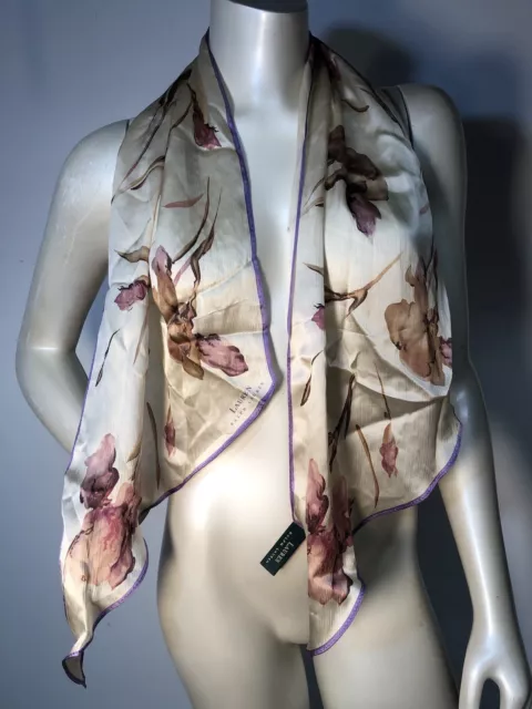 Ralph Lauren Iris vintage Ivory Lilac Border Silk long Scarf  60”x11” Bin-Z