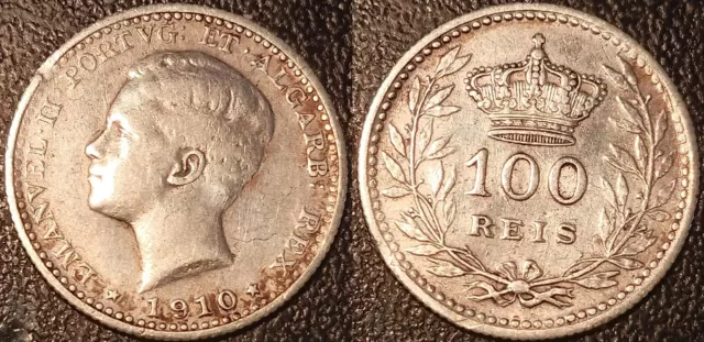 Portugal - Manual II - 100 Reis Silver 1910! Km# 548