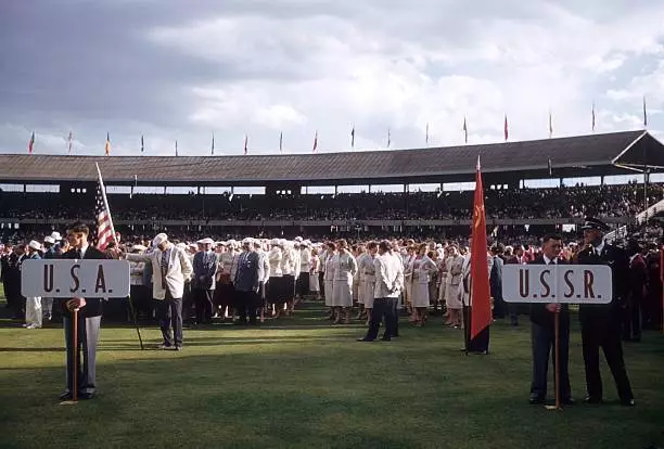 Members of Team USA and Team USSR at Melbourne Cricket Ground Stad - Old Photo 1