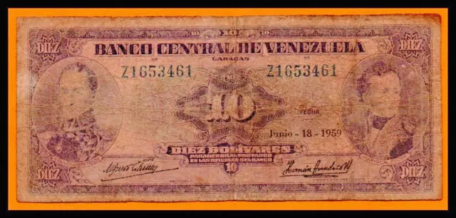 Venezuela FINE Note 10 Bolivares Bs June 1959 P-31d Z7