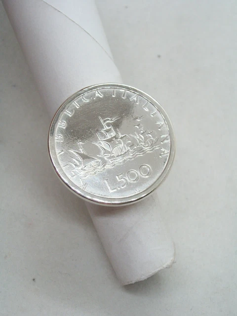 ANELLO in ARGENTO 925 con 500 lire d'Argento serie tre Caravelle - moneta -