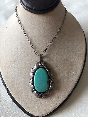 9.4 grams Handmade Old Sterling Silver Turquoise Pendant With Old Silver Chain