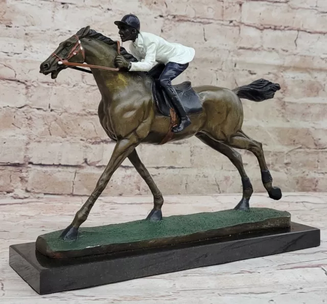 Very Large Solid Bronze Equestrian Horse With Jockey On Walnut Base Rare Figure