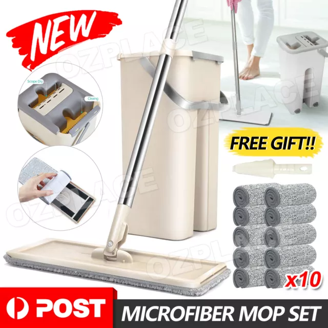 Mop Bucket Wet Dry Rinse Wash 360 Rotating Squeeze Flat Floor Cleaner with Pads