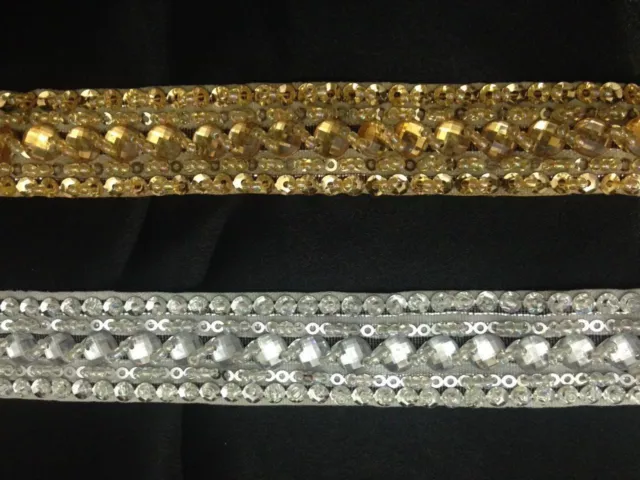 25mm Silver/Gold Rhinestone Beaded Ribbon Trimming Bridal Edging Craft 1Yard