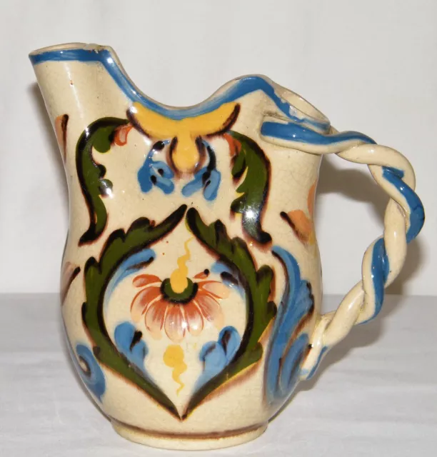 Beautiful Vtg MAJOLICA Pinched PITCHER TWISTED HANDLE Art Pottery Floral Unique!