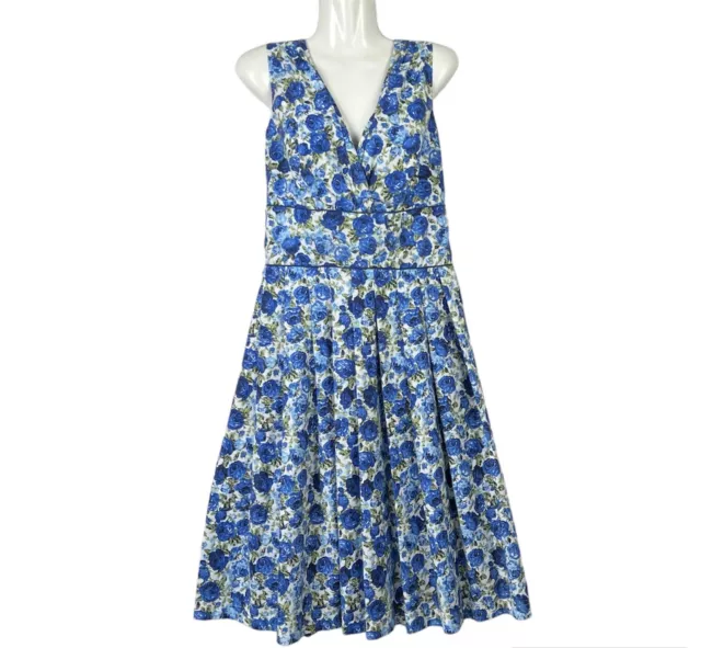 Mulberry Street Vintage Dress Size 14 Floral Blue Fit & Flare Pleated Retro 50s