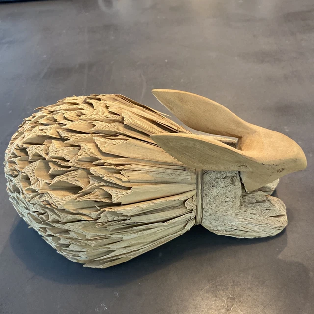 VINTAGE FOLK ART Corn Husk Bunny Rabbit Carved Wood Head Handmade