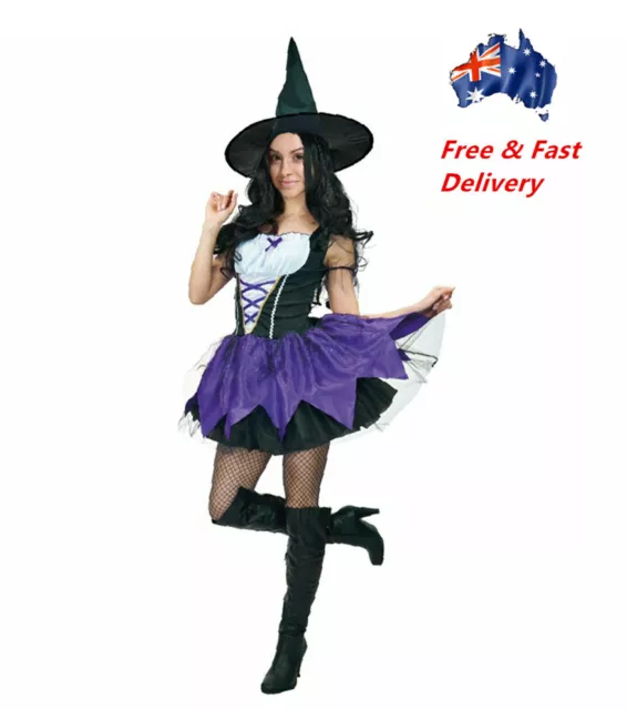 Adult Womens Purple Black Gothic Witch Tutu Hat Halloween  Lady Dress Up Costume