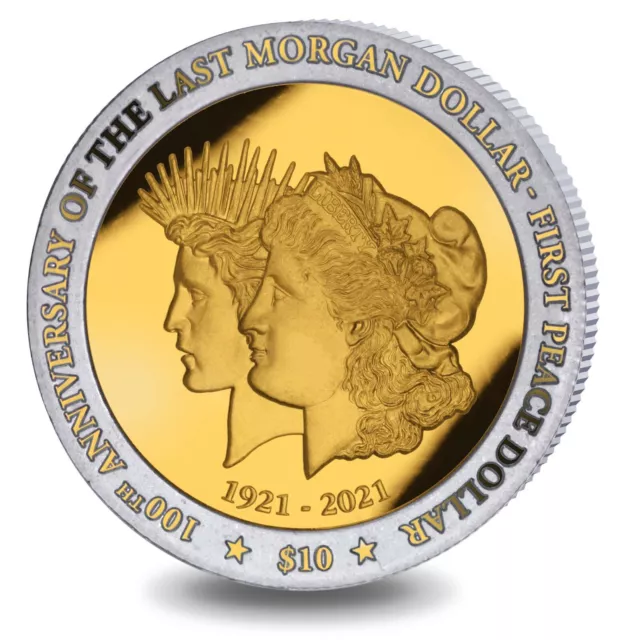 2021 100th Anniversary Last Morgan First Peace Dollar 1 oz Gold Plated Silver