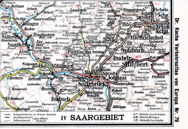 Saar 1909 kl orig Eisenbahn-Atlas-Karte Saarlouis Neunkirchen Völklingen Forbach