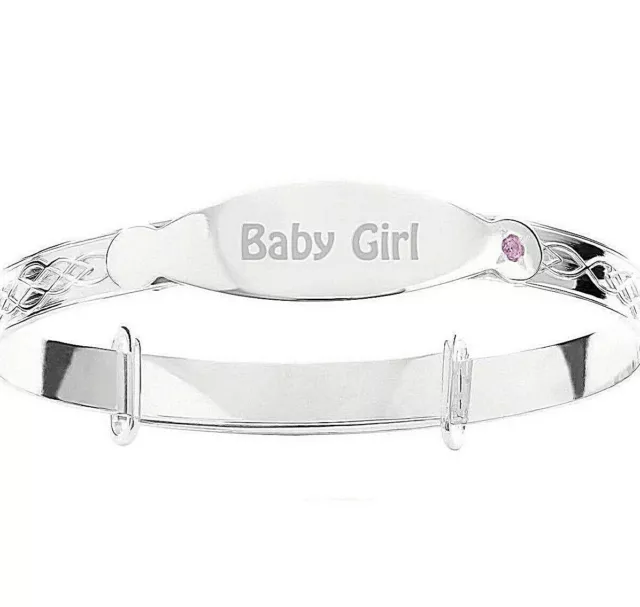 ID Bracelet Baby Girl Bangle Pink CZ 925 Silver Baptism Baby Shower Newborn gift