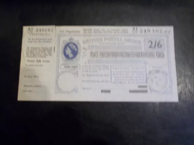 British postal order - QEII,  2/6d + c'foil, Warminster, Wilts, 2nd November1966