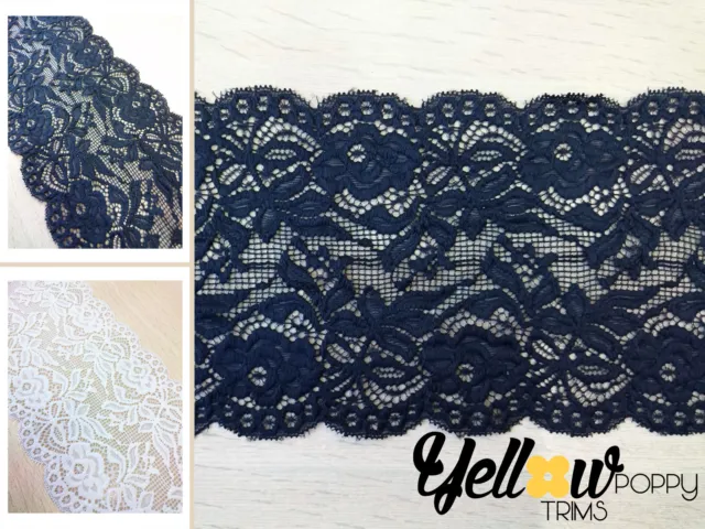Black White 6"/15cm Wide Stretch Floral Scallop Lace Edge Trim Art Craft Fabric