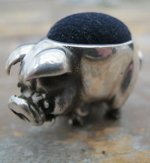 Edwardian Style English Hallmarked Sterling Silver Pig Pin Cushion - Blue Velvet