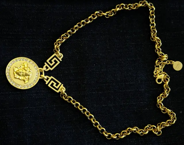 Versace Gold Tone Monogram Charm Medusa Pendant Necklace