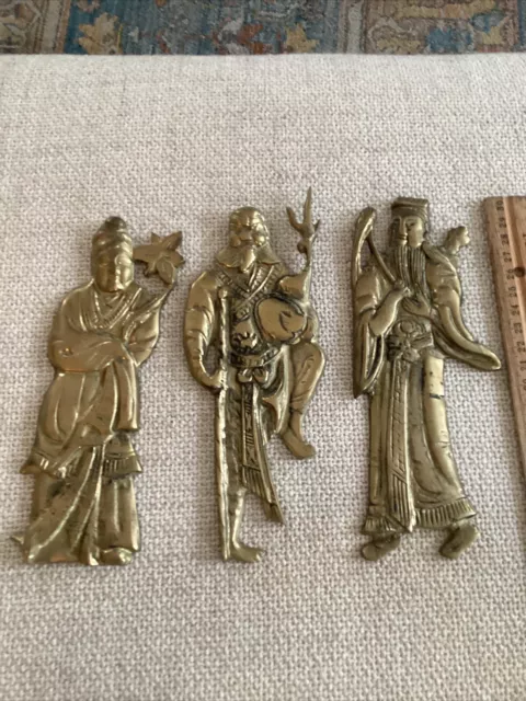 Vintage 3 Chinese Brass Longevity Immortals 7.5” Wall Hanging