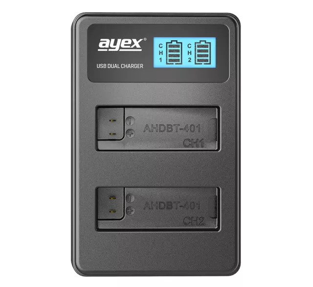 ayex USB Dual Charger Ladegerät für GoPro AHDBT-401 Kamera-Akkus 2