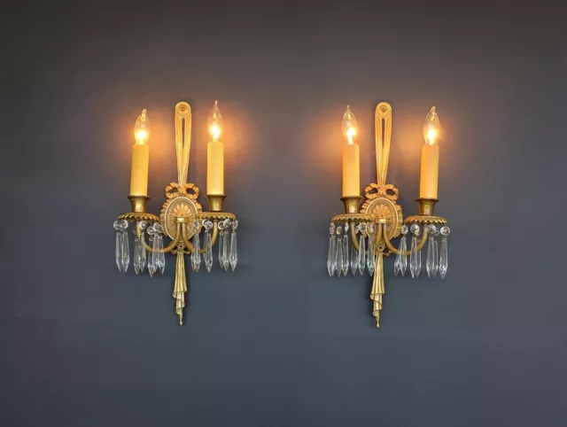 Pair antique French 1920s solid brass & crystal sconces - drapes & sash design