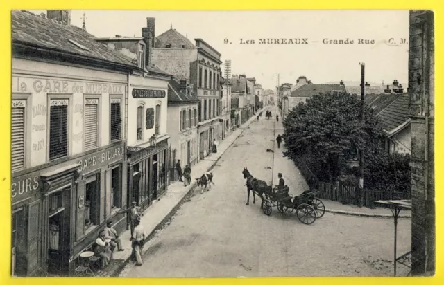 cpa 78 - LES MUREAUX Grande Rue CAFÉ de la GARE fondée en 1871 Caléche Vache