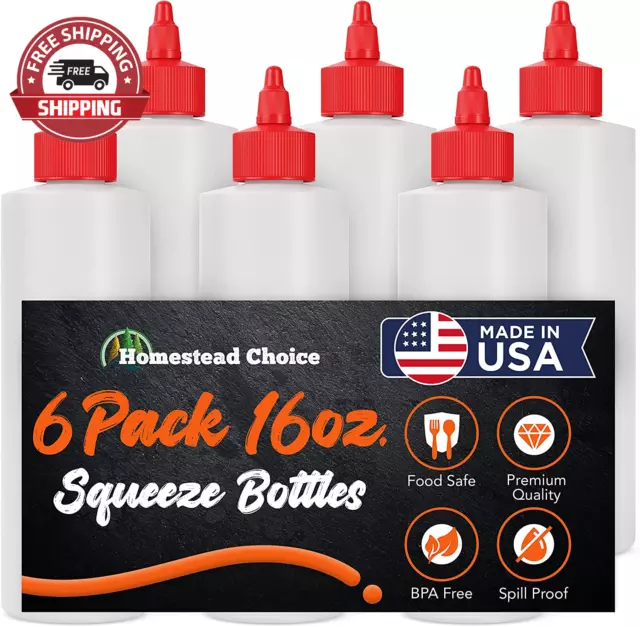 6-Pack Plastic Squeeze Bottles for Sauces - 16 OZ Condiment Squeeze Bottles for