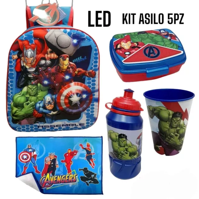 Set Scuola Asilo 5 pz Avengers Marvel School Pack Completo Zaino 3D con led-