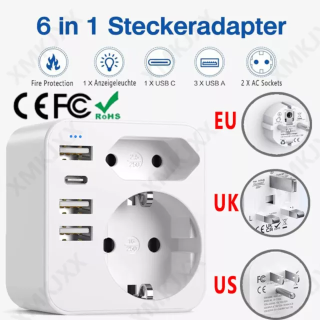 Reiseadapter DE auf USA UK GB Steckdosenadapter mit 3 USB +1 TypC+2 AC Steckdose