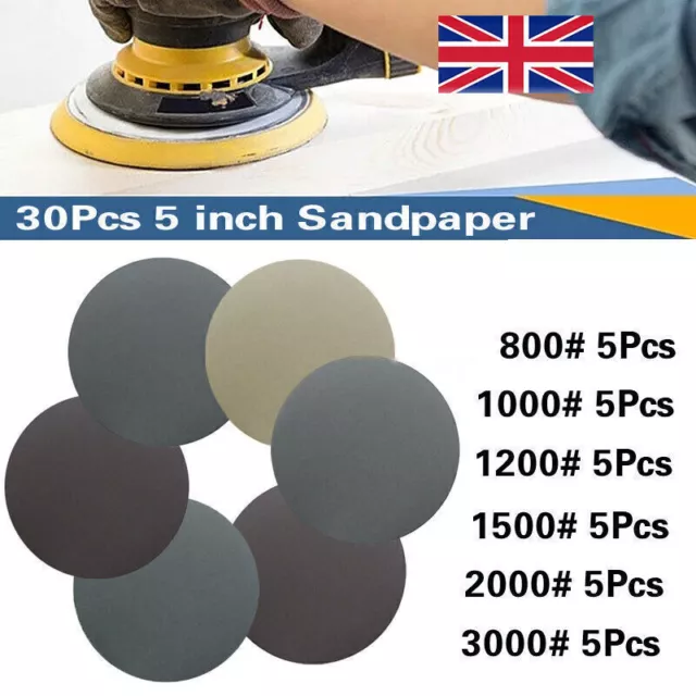 30Pcs 125mm Wet & Dry Sanding Discs Sandpaper Hook & Loop Pads Grit 800-3000 UK