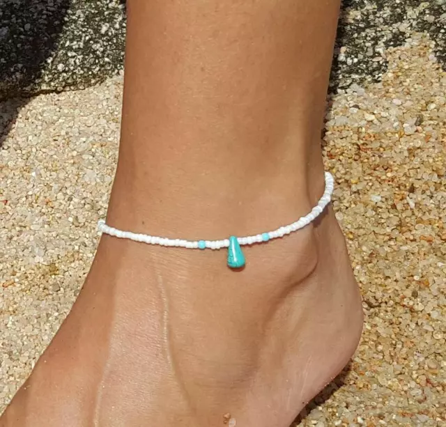 Tobillera Blanca Lagrima Turquesa  Ajustable Anklet