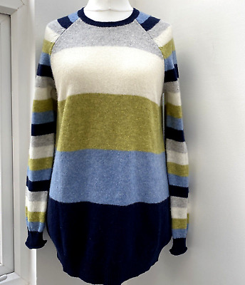 Maglione in lana d'agnello Kew taglia L blu a righe verde maglia media ottime condizioni