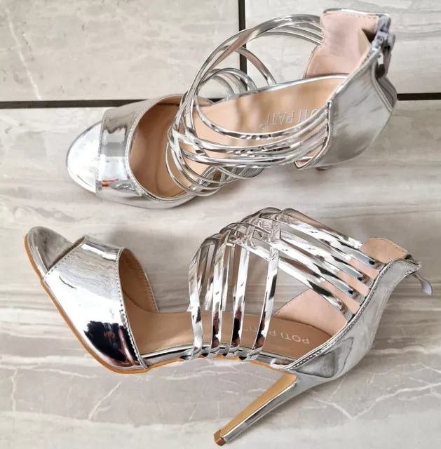 Women's Silver Cage Strappy Gladiators Stiletto Heels Sandal Zip Shoes Sizes UK