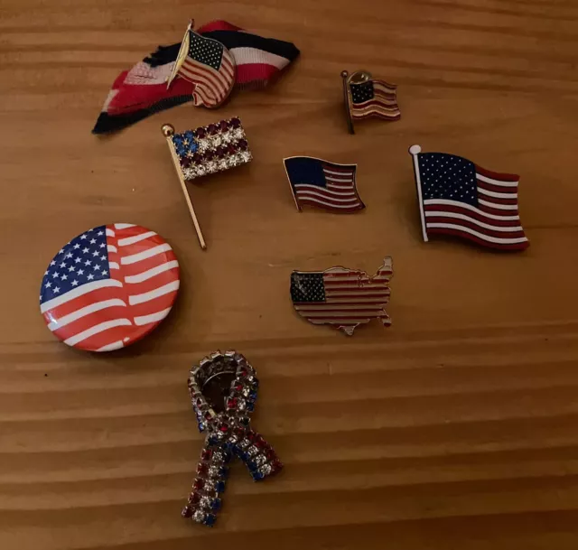 LOT of 8 Vintage USA Patriotic LAPEL PINS American Flag Freedom RED WHITE BLUE