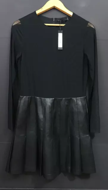 NWT Alice + Olivia Chara Sheer-Sleeve Mini Dress Black Vegan Leather Size 12