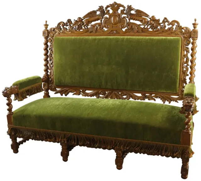 Settee Antique Hunting Carved Oak Griffins French Renaissance Green Upholstery