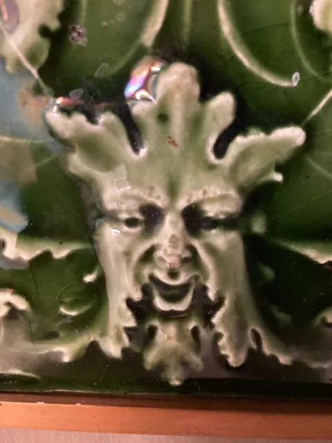 Pair Large Old Green Majolica Tile Wall Plaques green man northwind face