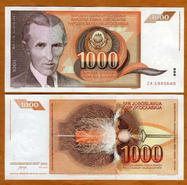 Yugoslavia, 1000 Dinara, 1990, P-107, ZA aUNC Tesla, Replacement