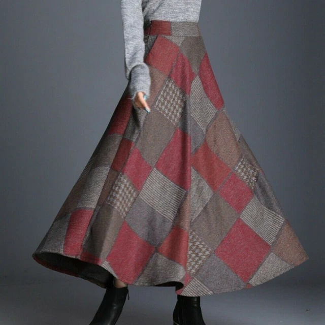 Femme Faux Laine Jupe Rétro Carreaux Tartan Midi Robe Évasé Plissé Taille Haute