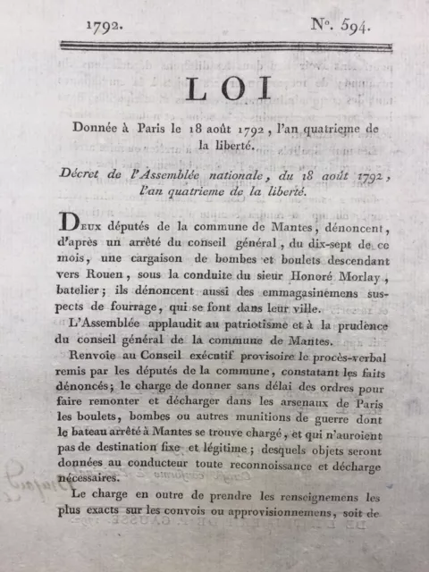 Mantes en 1792 Yvelines Rouen Morlay Batelier Rare Loi Révolution Française