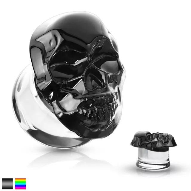 Plug Tunnel Glas Borosilikatglas 3D Totenkopf Schädel Skull Schwarz Mehrfarbig