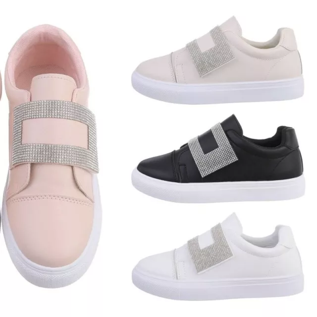 Scarpe da passeggio sneakers senza lacci sportive donna ecopelle strappo strass