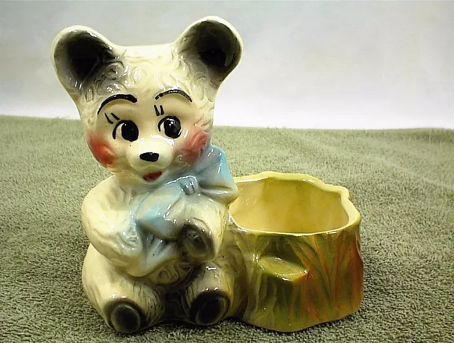 Small American Bisque Bear Planter Vintage Pottery