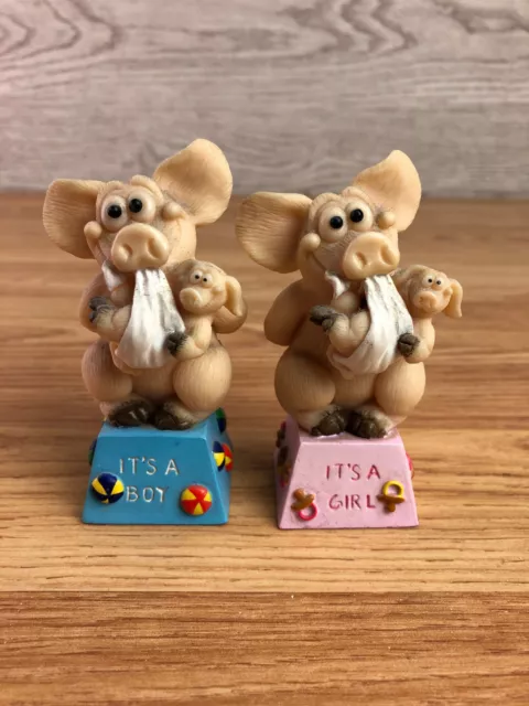 2 x Piggin Figurines By Davod Corbridge 2000 Its A Girl & Its A Boy