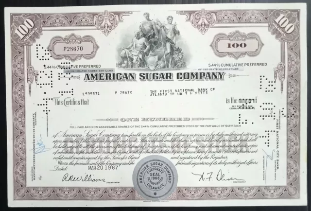 AOP USA 1967 American Sugar Co.100 shares certificate