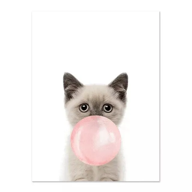 Poster Kleine Katze mit Kaugummi Blase Bubble Gum Rosa Wanddekoration  A4 Design