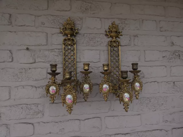 PAIR vintage bronze wall candle holders sconces porcelain limoges medaillons 2