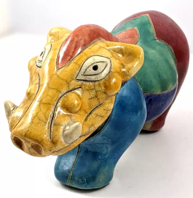 Handcrafted Raku Clay Pottery Colorful Boar Figurine South Africa Signed
