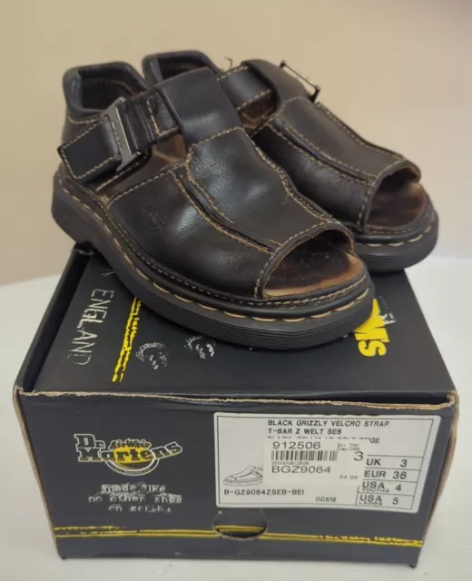 Dr Martens Air Wair Black Grizzly Hook And Loop Strap T-Bar Sandals Size UK 3