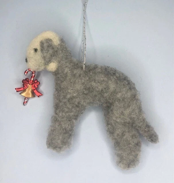 BEDLINGTON TERRIER with CHRISTMAS CANDY CANE/BELL- PART NEEDLE FELTED DOG,