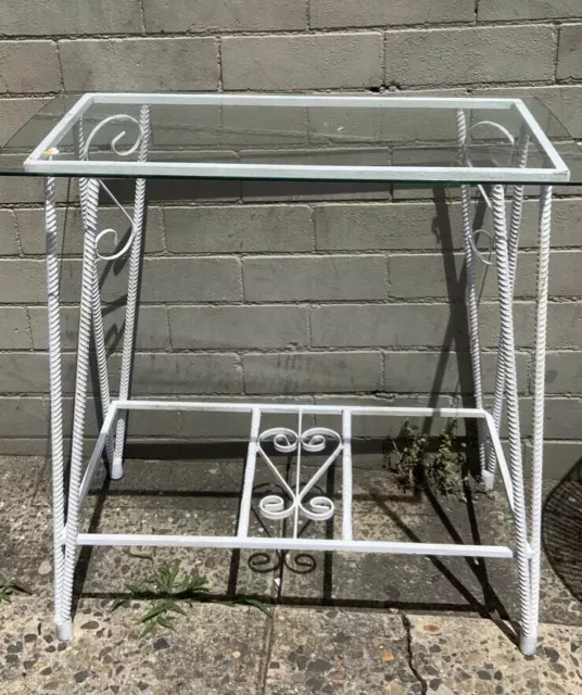 1970’s White Wrought Iron Aquarium Stand Patio Hall Or Side Table W Glass Top