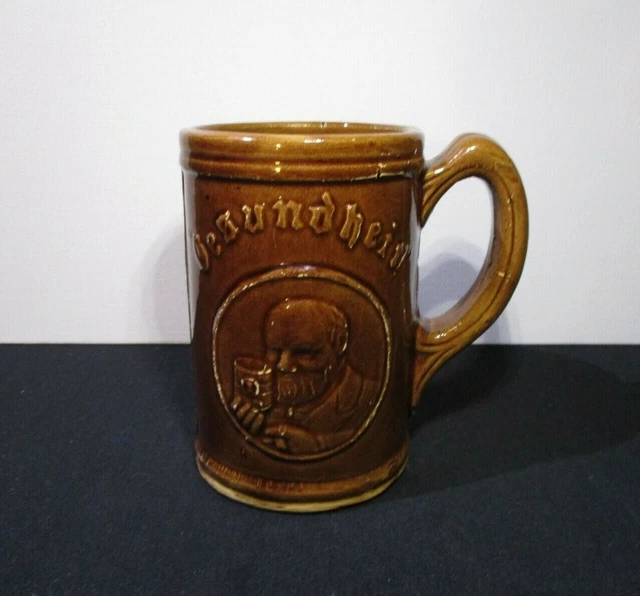 Antique Stoneware Compliments Gesundheit Beer Stein Free Premium Tankard Mug 30s